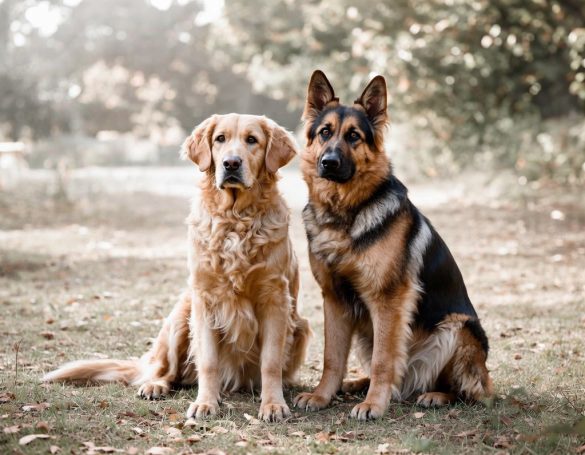 Two dogs, a golden retriever and a German shepherd, sit side by side in a grassy area.